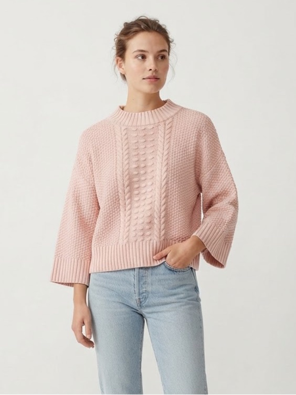 Part Two Pink Cable Knit Sweater XS Organic Cotton Chunky Cozy Cottagecore